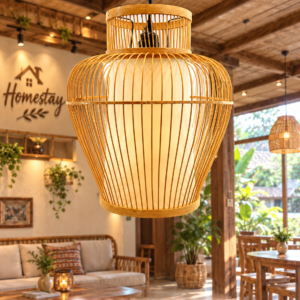 Chao đèn tre hình dáng lọ hoa treo trần mây tre đan